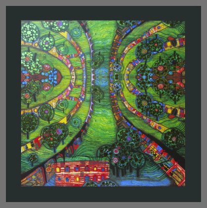 Hundertwasser Grüne Stadt Poster Kunstdruck Bild im Alu Rahmen in Champagne 48x48cm von Germanposters