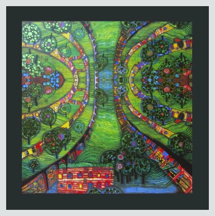 Hundertwasser Grüne Stadt Poster Kunstdruck Bild im Alu Rahmen in silber matt 48x48cm von Germanposters