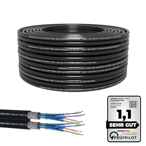 Germany B.e.s.t 50M CAT 8 Duplex Erdkabel Netzwerkkabel Outdoorkabel Kupfer LAN Kabel Ethernetkabel S/FTP 40 Gbit/s Kat 8 reines Kupfer Datenkabel PoE++ LSZH Datenkabel von Germany B.e.s.t