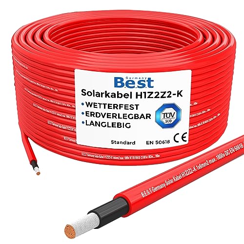 Germany B.e.s.t Solarkabel 6mm2 PV Kabel 6mm2 TÜV Zertifiziertes Solar Kabel aus Kupfer, Photovoltaik Kabel 50m Rot von Germany B.e.s.t