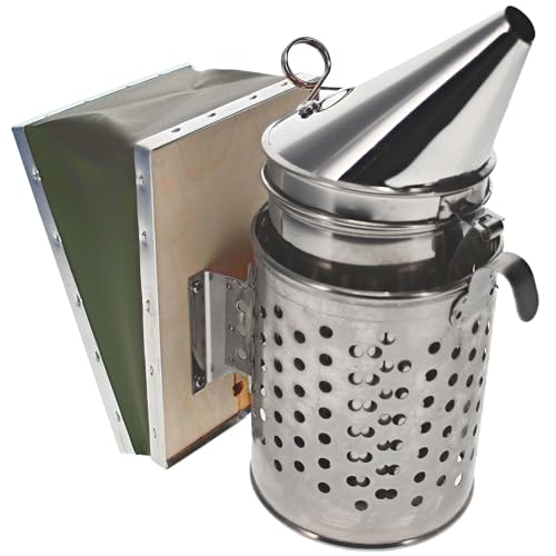 Amerikanischer Smoker Protect Rauchbläser aus Edelstahl mit Lederblasebalg und Hitze-Schutzschild von Germerott Bienentechnik