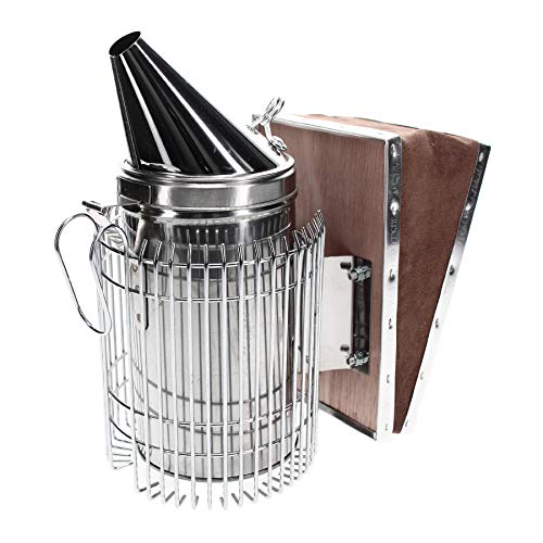 Amerikanischer Smoker PROFI Rauchbläser aus Edelstahl mit echtem Lederblasebalg und verlängertem Hitze-Schutzschild welches verhindert dass der Kessel mit der Beute beim Abstellen in Berührung kommt von Germerott Bienentechnik
