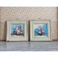 2 Kleine Bilder Im Rahmen - Shabby Chic Vintage Blumenbilder Wandschmuck Winzige Gemälde Blumen Wall Art von Gernewieder