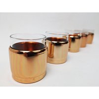 5 Vintage Shotgläser Im Halter/Kleine Teegläser 60Er Jahre Shot Glas Und Eloxiertes Aluminium Kupferfarben von Gernewieder