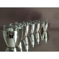 6 Vintage Shotgläser Im Halter/60Er Jahre Shot Glas Und Eloxiertes Aluminium Silberfarben von Gernewieder