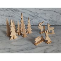 Primitive Figuren Aus Holz/Holzfigur, Miniatur, Tiere, Rehe, Wald, Hase von Gernewieder