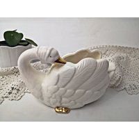 Vintage Blumentopf Schwan, Gans/Alt-Weiße Mit Gold, Übertopf Porzellan von Gernewieder