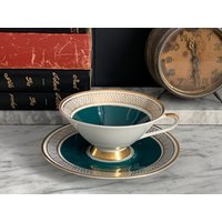 Vintage Kaffeetasse Mit Untertasse/Teetassen Tasse Dekor Gold Und Petrol Weisswasser Porzellan Vintage Kaffeetasse Mit Untertasse/Teetassen Tasse Dekor Gold Und Petrol Weisswasser Porzellan von Gernewieder