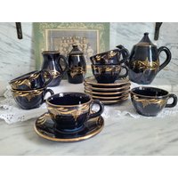 Vintage Mokka Service/6 Tassen Mit Teller Geschirr Dunkelblaue Keramik Kaffeeservice Espresso Mokkaservice von Gernewieder