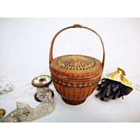 Vintage Nähkorb Mit Deckel/Henkelkorb Rattan Holz Bohemian Style Boho 33cm X 23cm von Gernewieder