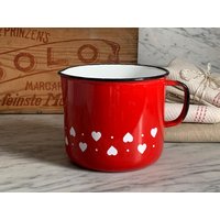 Vintage Schöpftopf in Rot Mit Herzen/Gebrauchter Henkeltopf Emaille Topf Milchtopf 1, 75 Liter von Gernewieder
