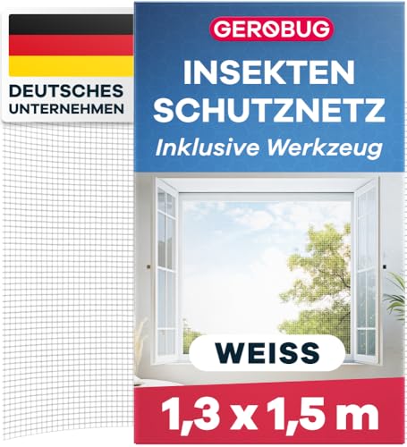 GEROBUG Fliegengitter Fenster ohne Bohren - 130x150 cm 1 Stück, weiß - feinmaschiger Fenster Fliegengitter mit Klebestreifen - Insektenschutz Fenster - Fliegennetz Fenster, Mückennetz Fenster von Gerobug