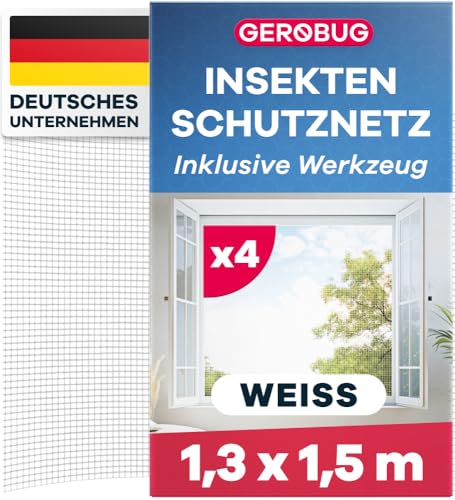 GEROBUG Fliegengitter Fenster ohne Bohren - 130x150 cm 4 Stück, weiß - feinmaschiger Fenster Fliegengitter mit Klebestreifen - Insektenschutz Fenster - Fliegennetz Fenster, Mückennetz Fenster von Gerobug
