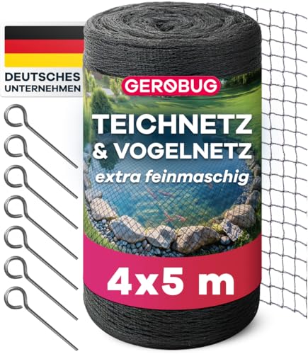 GEROBUG Teichnetz feinmaschig 4x5m - witterungs- & UV beständiges Teichnetz gegen Reiher - Vogelschutznetz, Laubnetz Teich, Hühner Netz feinmaschig, Vogelnetz, Laubschutznetz von Gerobug
