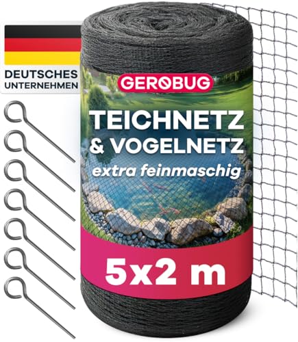 GEROBUG Teichnetz feinmaschig 5x2m - witterungs- & UV beständiges Teichnetz gegen Reiher - Vogelschutznetz, Laubnetz Teich, Hühner Netz feinmaschig, Vogelnetz, Laubschutznetz von Gerobug