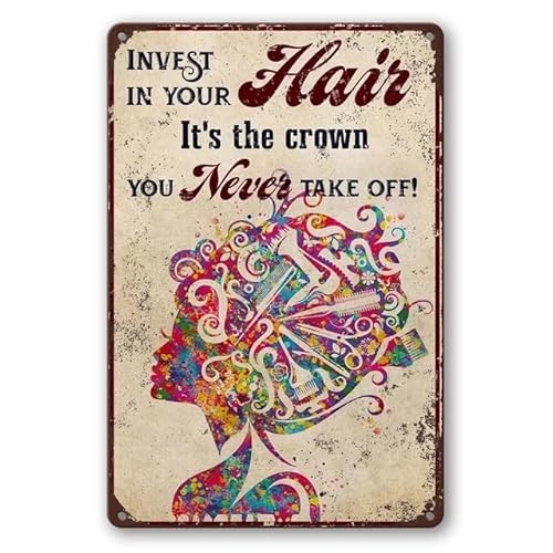 Geroclonup Metallplakat "Invest In Your Hair It's The Crown", Vintage-Stil, für Schönheitssalon, Frisuren, Wandkunst, Metallschild für Zuhause, Büro, Studio, Friseurladen, Club, Höhle, Kunst, von Geroclonup
