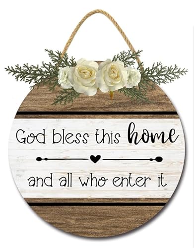 Geroclonup Schild mit Aufschrift "God Bless This Home And All Who Enter", rustikal, rund, Holz, zum Aufhängen, Wanddekoration für Zuhause, christliche Dekorationen von Geroclonup