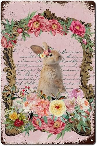 Geroclonup Vintage Französische Blumen Kranz Ostern Kaninchen Vintage Metallschilder Wohnkultur Osterhase Metall-Blechschild Wandschild für Garage Pub Restaurant Dekor Wand Geschenk Blechschild - 20 x von Geroclonup