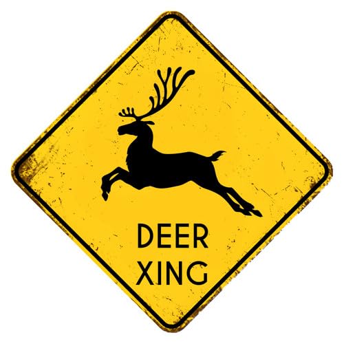 Rustikales Schild "Xing Crossing" mit Aufschrift "Deer Xing Crossing" für Hof, Garten, Bauernhof, Straßenverkehr, lustiges Metall-Aluminiumschild, lichtbeständig, schwarzer Text mit gelbem Hintergrund von Geroclonup