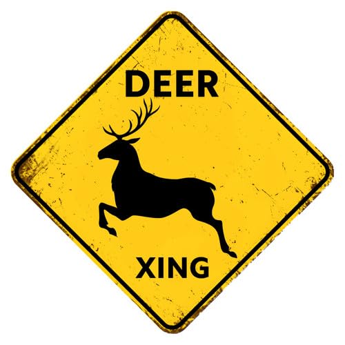 Rustikales Schild "Xing Crossing" mit Aufschrift "Deer Xing Crossing" für Hof, Garten, Bauernhof, Straßenverkehr, lustiges Metall-Aluminiumschild, lichtbeständig, schwarzer Text mit gelbem Hintergrund von Geroclonup