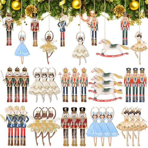 Gerrii 40 Stück Holz-Weihnachtsschmuck, hängende Dekoration, flaches Holzornament für Weihnachtsbaumdekoration (Vintage-Nussknacker, Prinzessin, Ballett, Maus, König, Soldat) von Gerrii