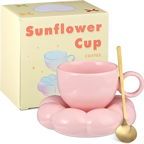 Keramik-Kaffeetasse mit Sonnenblumen-Untersetzer, Kaffeelöffel, 200 ml, niedliche Tassen, kreative Kaffee-, Milch-, Tee-, Heimbüro, wiederverwendbare Neuheit, Tee, Milch (rosa) von Gerrii