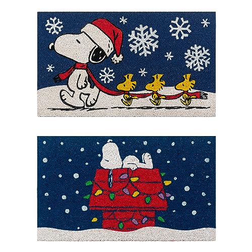 Gertmenian Peanuts 80004 Kokosfaser-Matte (2er-Pack), Willkommensmatten für Haustür, Hauseingang, Garage und Hintertür, Heimdekoration, 50,8 x 86,4 cm, Snoopy Schneeflocke/Hundehaus-Lichter von Gertmenian