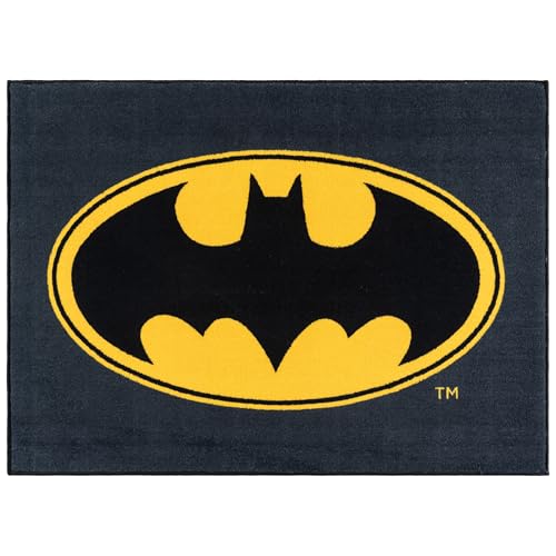 Gertmenian DC Comics Teppich für den Innenbereich – 3x5 Klein, rutschfest, ideal für Kinder im Schlafzimmer, Spielzimmer, Klassenzimmer, Kindergarten oder Spielbereich – Superhelden-Logo, Schwarz/Gelb von Gertmenian