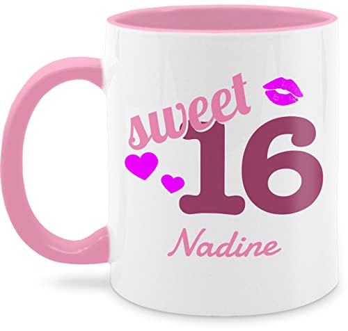 Tasse Tassen 325ml - 16. Geburtstag - Sweet Sixteen - Kussmund Herz Name - zum Sechzehnten - 325 ml - Rosa - 16 junge jahre schokotasse nur noch eine pflanze kaffeetasse fanmug schokolade von Geschenk mit Namen personalisiert by Shirtracer