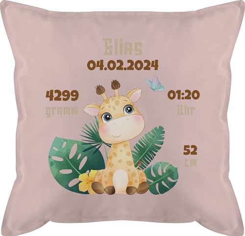 Kissen 50x50 - Zur Geburt - Geburtsgeschenk Giraffe Datum Gewicht Uhrzeit Größe - 50 x 50 cm - Hellrosa - personalisierte Baby Geschenke Neugeborene Schwangerschafts verkündung namenskissen von Geschenk mit Namen personalisiert by Shirtracer