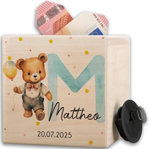 Anfangsbuchstabe Initialen - Spardose Holz Bär Junge I Spardose personalisiert Junge Holz I Buchstaben Spardose Holz I Kinder Spardose Junge Holz I Spardose mit Namen Junge Holz I Taschengeld von Geschenk mit Namen personalisiert by Shirtracer