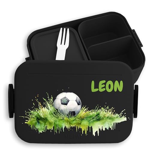 Bento Box Midi Lunchbox für Mepal Bentobox - Fußball Geschenke Junge Fussballgeschenk Kinder - 900 ml - Schwarz - einschulung brotdose brotbüchse jungen schule soccer fussball jausenbox von Geschenk mit Namen personalisiert by Shirtracer