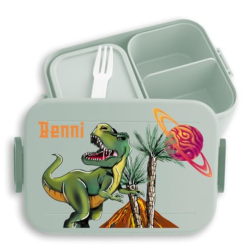 Bento Box Midi Mepal Bentobox - Dino Dinosaurier - Brotdose mit Dinosauriermotiv für Kinder Lunchbox mit Dino-Design für Schulkinder Tragbare Dino-Brotdose für die Schule - 900 ml - Sage Grün von Geschenk mit Namen personalisiert by Shirtracer