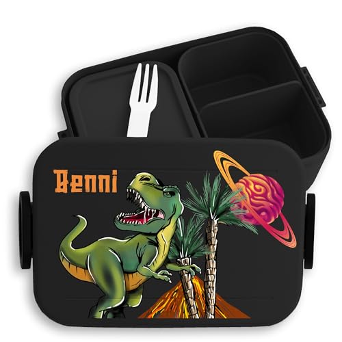 Bento Box Midi Mepal Bentobox - Dino Dinosaurier - Brotdose mit Dinosauriermotiv für Kinder Lunchbox mit Dino-Design für Schulkinder Tragbare Dino-Brotdose für die Schule - 900 ml - Schwarz von Geschenk mit Namen personalisiert by Shirtracer