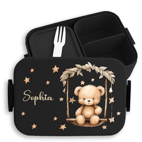 Bento Box Midi für Mepal Bentobox - Kinder Brotdose mit Bär Kinder Lunchbox Bären Motiv Bären Snackbox Schule I - 900 ml - Schwarz - kindergarten geschenke einschulung bear vesperbox vesperdose von Geschenk mit Namen personalisiert by Shirtracer