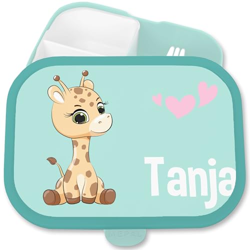 Brotdose Kinder Campus für Mepal - Brotbox Giraffe süß Jausenbox Giraffen Vesperdose Giraffenmotiv I - 750 ml - Türkis - personalisierte tiere lunchbox name und fächern von Geschenk mit Namen personalisiert by Shirtracer