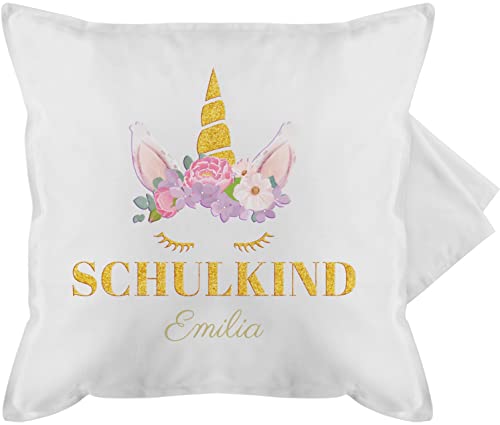 Kissenbezug - Einschulung Kissen - Einhorn Kopf Blumen - 50 x 50 cm - Weiß - schulbeginn Schulkind ersten Schultag schulstarter 1 klasse personalisierte Geschenke schulanfänger von Geschenk mit Namen personalisiert by Shirtracer