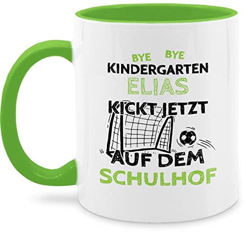 Tasse Tassen 325ml - Einschulung Schulanfang - Bye Bye Kindergarten - kickt jetzt auf dem Schulhof - 325 ml - Hellgrün - fußballtasse personalisierte einschulungsgeschenke schulkind teetasse von Geschenk mit Namen personalisiert by Shirtracer