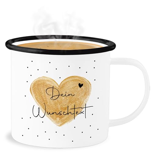 Emaille Becher Blechbecher - Aufdruck selbst gestalten - Dein Wunschtext - 300 ml - Weiß Schwarz - personalisierte herz tasse 4 zeilen paar personalisierter liebe personalisiertes heart name von Geschenk mit Namen personalisiert by Shirtracer