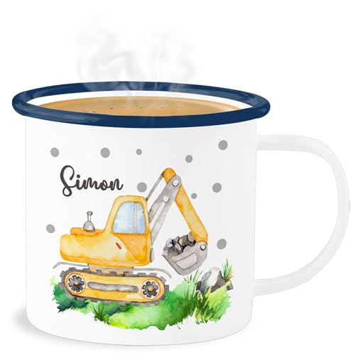 Emaille Becher Blechbecher - Bagger I Baggerfahrer Geschenk - 300 ml - Weiß Blau - kindertasse blech tasse kindergarten baufahrzeug name häferl kindergeschirr baustelle baggertasse fahrzeug von Geschenk mit Namen personalisiert by Shirtracer