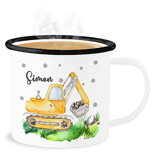 Emaille Becher Blechbecher - Bagger I Baggerfahrer Geschenk - 300 ml - Weiß Schwarz - kindertasse blech tasse kindergarten baufahrzeug name häferl kindergeschirr baustelle baggertasse fahrzeug von Geschenk mit Namen personalisiert by Shirtracer
