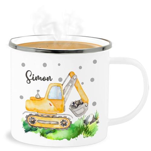 Emaille Becher Blechbecher - Bagger I Baggerfahrer Geschenk - 300 ml - Weiß Silber - kindertasse blech tasse kindergarten baufahrzeug name häferl kindergeschirr baustelle baggertasse fahrzeug von Geschenk mit Namen personalisiert by Shirtracer
