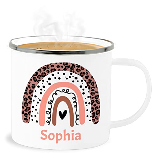 Emaille Becher Blechbecher - Boho - Regenbogen - Name pointilliert Leo - 300 ml - Weiß Silber - kleine personalisierte geschenke chic stil tasse selbst bedrucken kindergarten bedruckt schulkind von Geschenk mit Namen personalisiert by Shirtracer