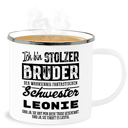 Emaille Becher Blechbecher - Stolzer Bruder wundervollen Schwester | Geschenk für Bruder Weihnachten - 300 ml - Weiß Silber von Geschenk mit Namen personalisiert by Shirtracer