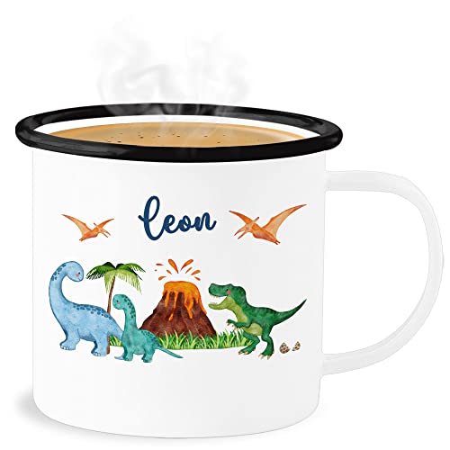 Emaille Becher Blechbecher - Dinosaurier Dino Dinos - 300 ml - Weiß Schwarz - tasse tier tiere kinder tieren dinosaurs saurier name personalisierter schulkind und wütender einschulung von Geschenk mit Namen personalisiert by Shirtracer