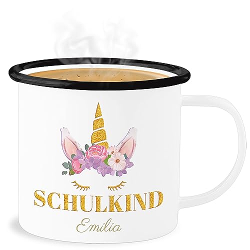 Emaille Becher Blechbecher - Einschulung Schulanfang Tasse - Einhorn Kopf Blumen - 300 ml - Weiß Schwarz - namenstasse schulkind schulanfänger schuleinführung einschulung-schulkind von Geschenk mit Namen personalisiert by Shirtracer