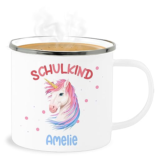 Emaille Becher Blechbecher - Einschulung Schulanfang Tasse - Einhorn Unicorn Schulkind - 300 ml - Weiß Silber - schuleinführung schul personalisierte schule name regenbogen einschulungs schulstart von Geschenk mit Namen personalisiert by Shirtracer