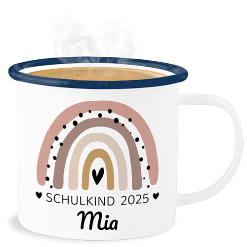 Emaille Becher Blechbecher - Einschulung Schulanfang Tasse - Regenbogen Schulkind 2025-300 ml - Weiß Blau - 2023 schulanfänger 2024 tassen namenstasse einschulung-schulkind name blech von Geschenk mit Namen personalisiert by Shirtracer