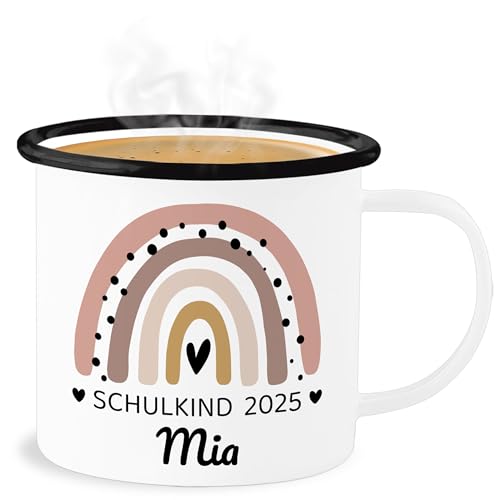 Emaille Becher Blechbecher - Einschulung Schulanfang Tasse - Regenbogen Schulkind 2025-300 ml - Weiß Schwarz - 2023 schulanfänger 2024 tassen namenstasse einschulung-schulkind name blech von Geschenk mit Namen personalisiert by Shirtracer