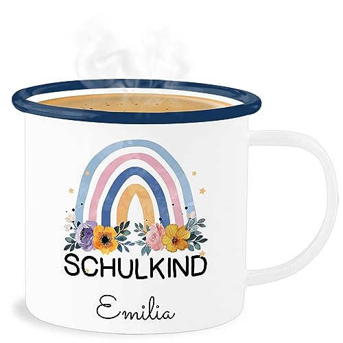 Emaille Becher Blechbecher - Einschulung Schulanfang Tasse - Regenbogen Schulkind - 300 ml - Weiß Blau - schuleinführung schuleingang erstklässler einschulubg 1.schultag erste schultag von Geschenk mit Namen personalisiert by Shirtracer